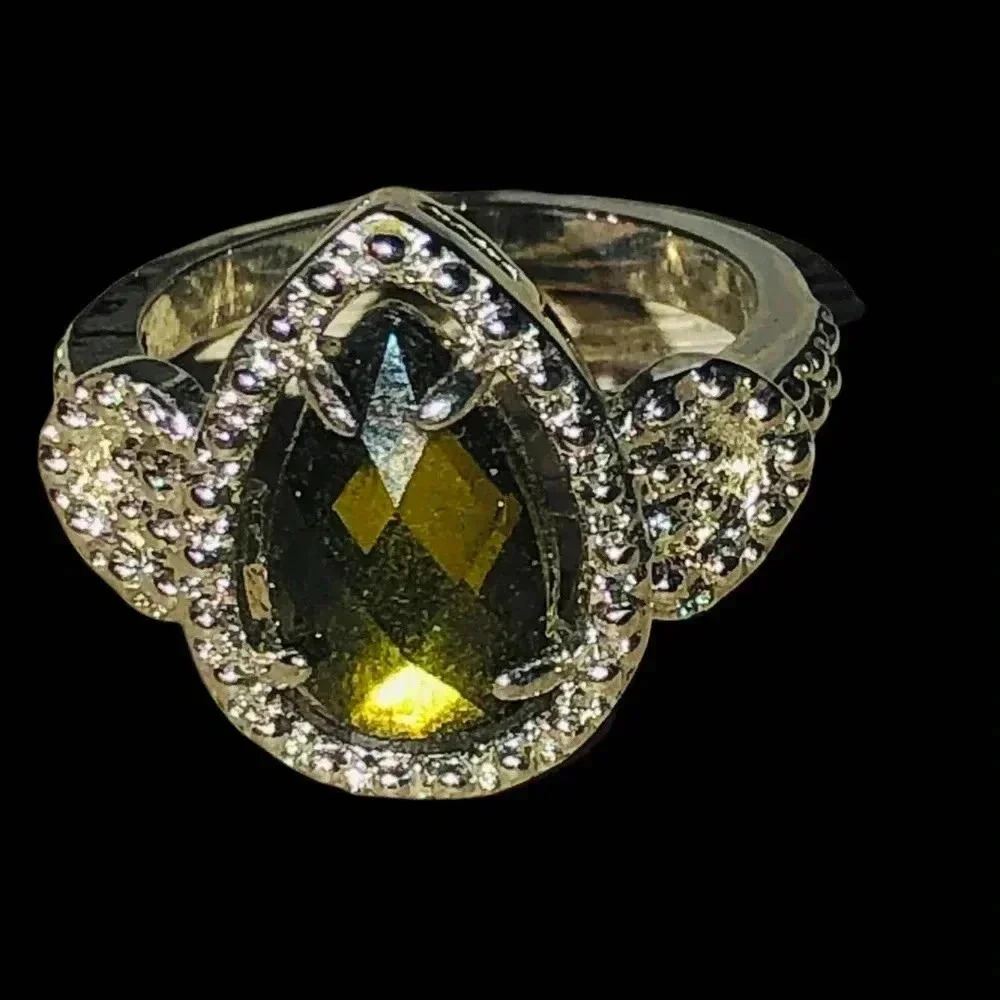 Vintage Large Peridot Cocktail Ring With White Gold Finish size 8